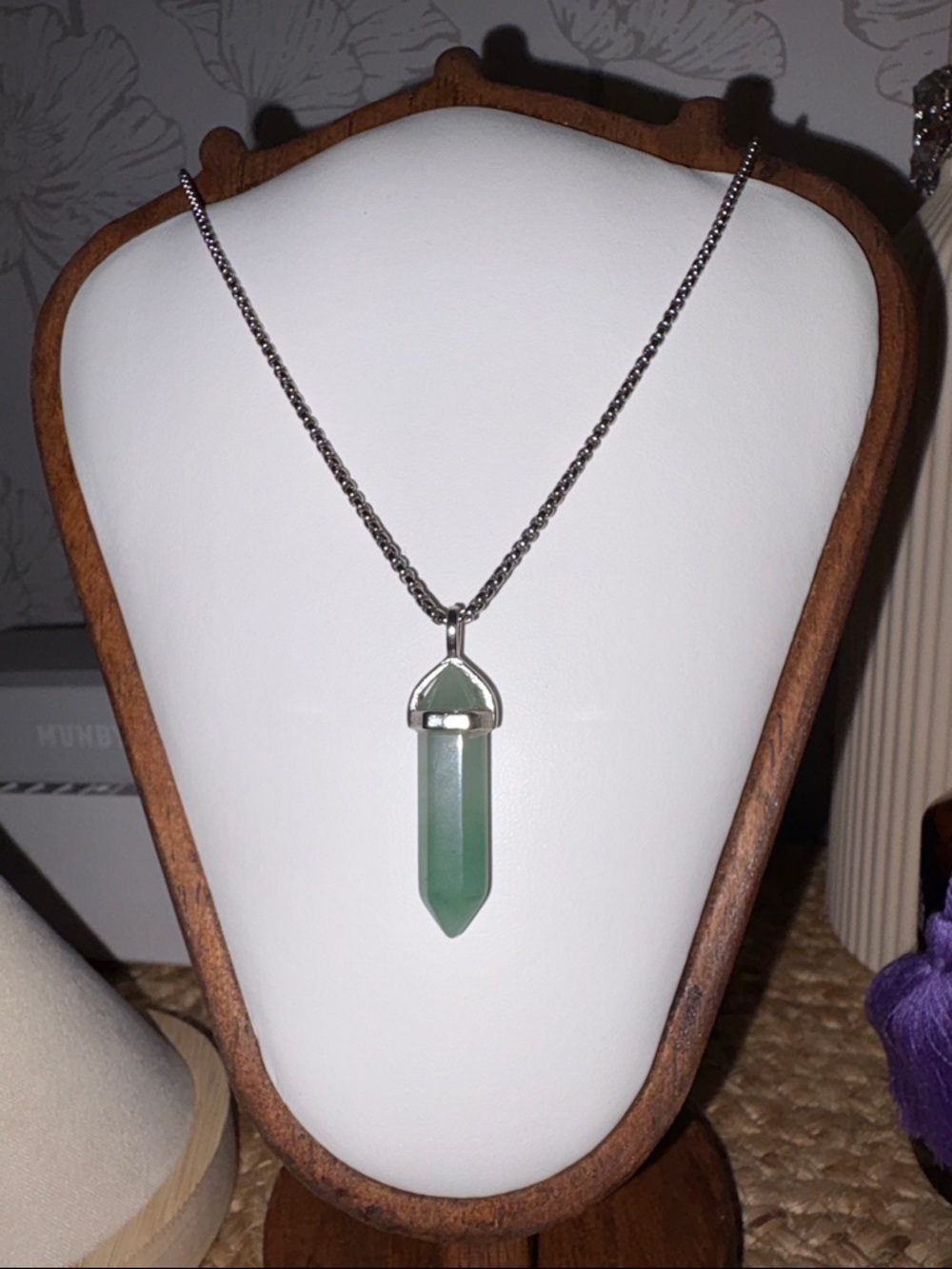 Green Crystal Point Pendant Necklace - Silver Tone